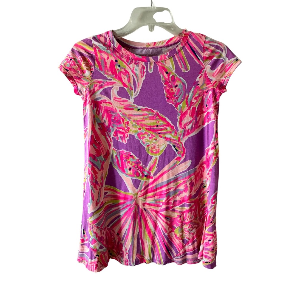 Lilly Pulitzer Girls Purple Pink Tropical Leaf Cotton T-Shirt Dress Size L‎ 8-10